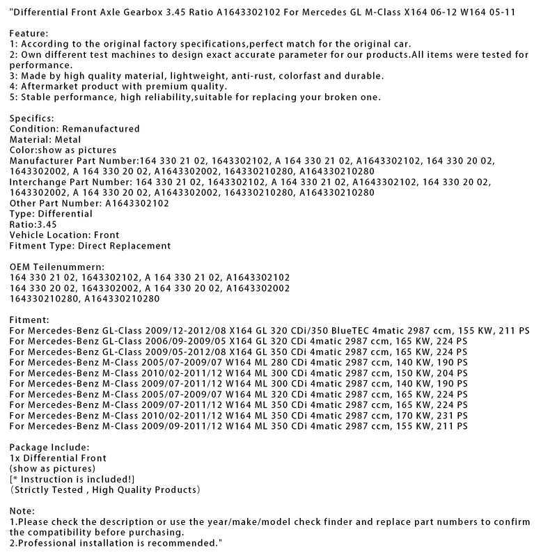 2010/02-2011/12 Mercedes-Benz M-Klasse W164 ML 300 CDi Differential Vorderachse 3,45 Übersetzung 164330210280 A1643302102