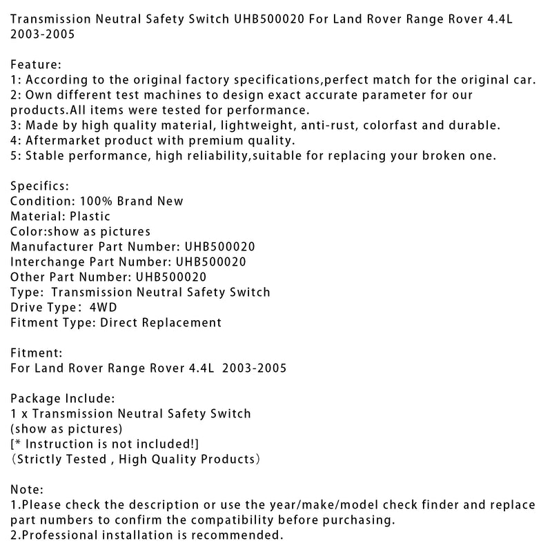 2003-2005 Land Rover Range Rover 4.4L Gear-Neutral Security Switch UHB50002020