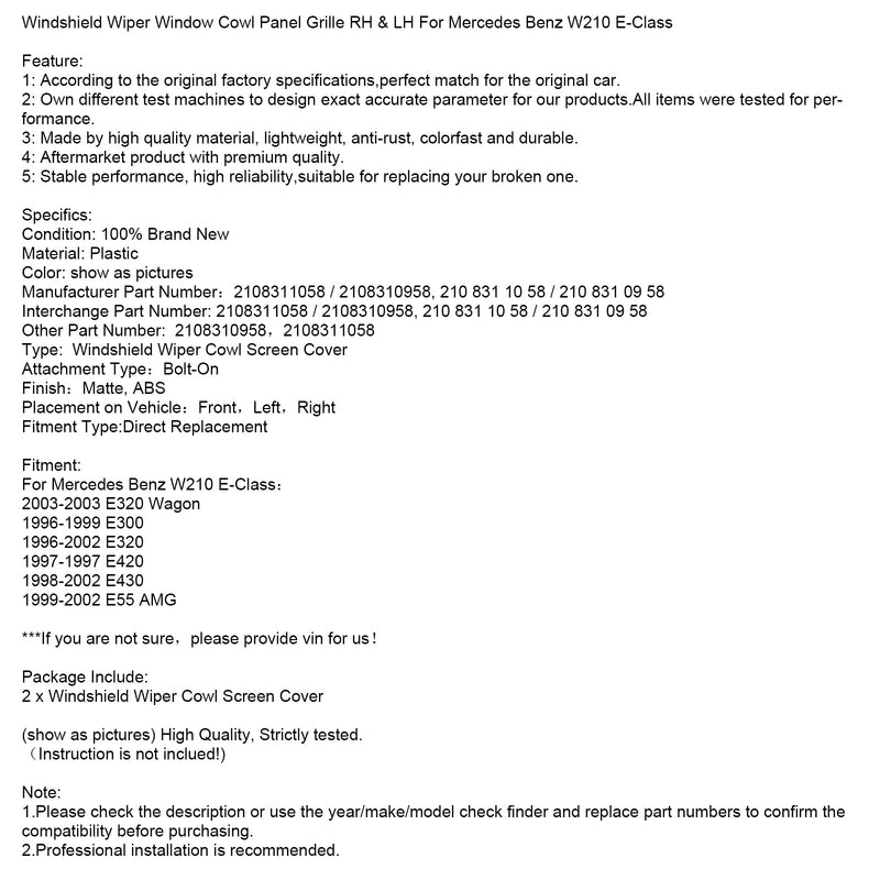 1999-2002 Mercedes Benz W210 E-Klasse E55 AMG Scheibenwischer Fensterverkleidung Kühlergrill rechts und links