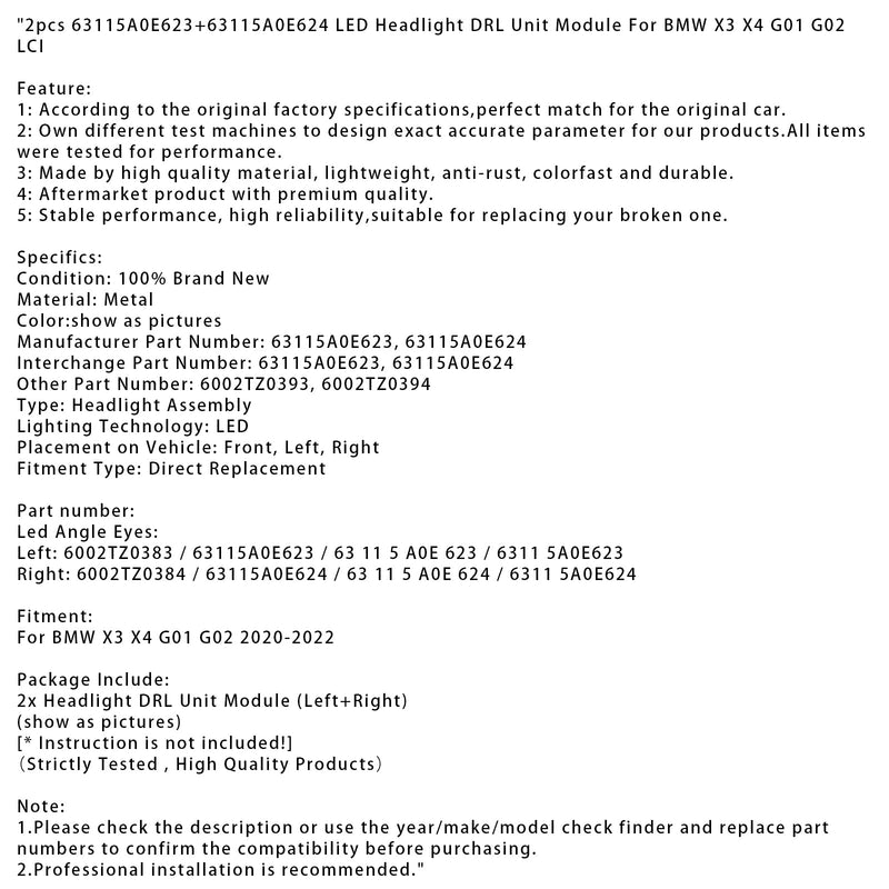 2020–2022 BMW X3 X4 G01 G02 2 Stück LED-Scheinwerfer-Tagfahrlicht-Einheitsmodul 63115A0E623 + 63115A0E624