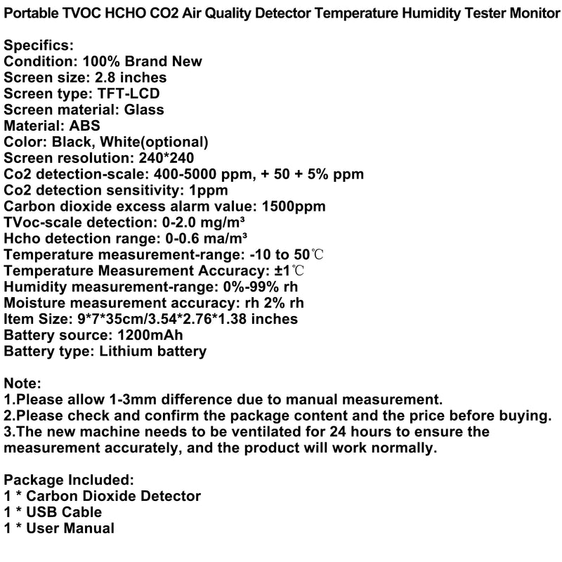 Detector de CO2 5 en 1, Monitor de calidad del aire, probador de humedad y temperatura Hcho Tvoc