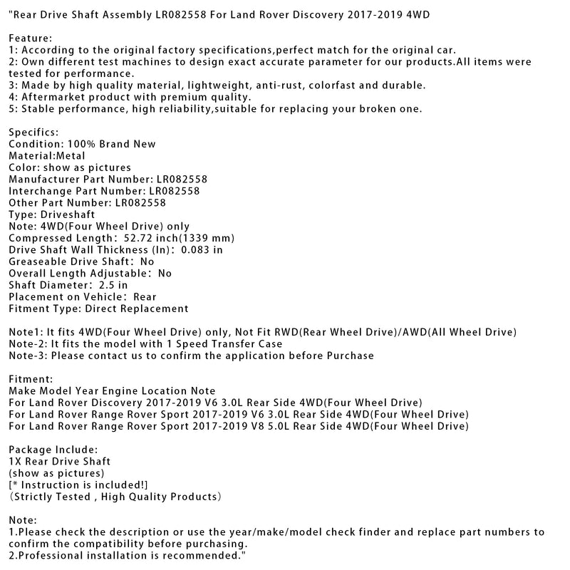 2017–2019 Land Rover Range Rover Sport V6 3.0L Rückseite 4WD Hintere Antriebswelle Montage LR082558