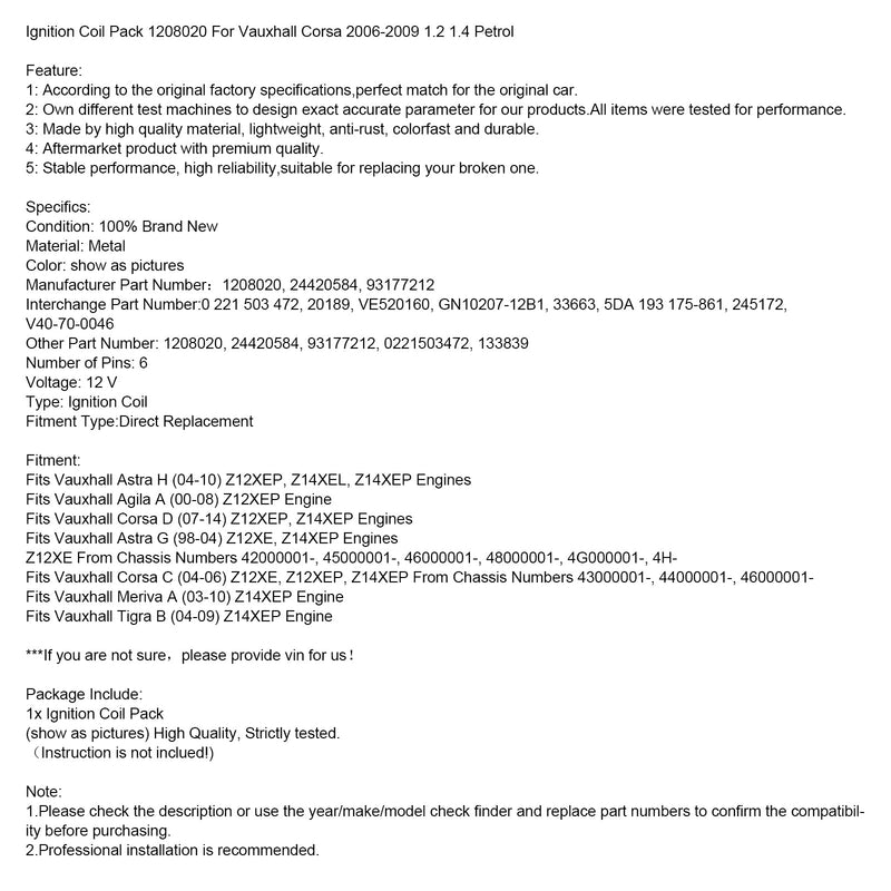 2006-2009 1,2 1,4 Benziner Opel Corsa Zündspule Paket 1208020