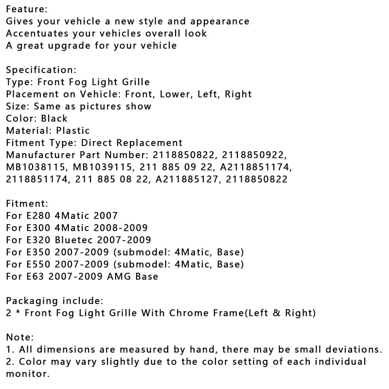 Sumuvalosäleikön kromiverhoilusarja sopii Mercedes-Benz E-sarjaan W211 07-09