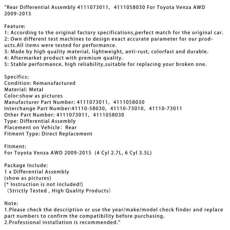 2009-2015 Toyota Venza AWD Hinterachsdifferential Baugruppe 4111073011 4111058030