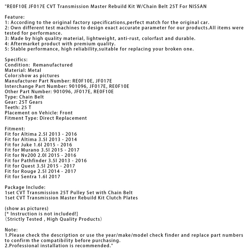2015-2016 Nv200 2.0l RE0F10E JF017E CVT-Getriebe-Master-Umbausatz mit Kettenriemen 25T