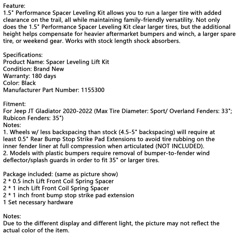 2020–2022 Jeep Gladiator Front 1,5 "" Spacer Roveling Lift Kit 1155300