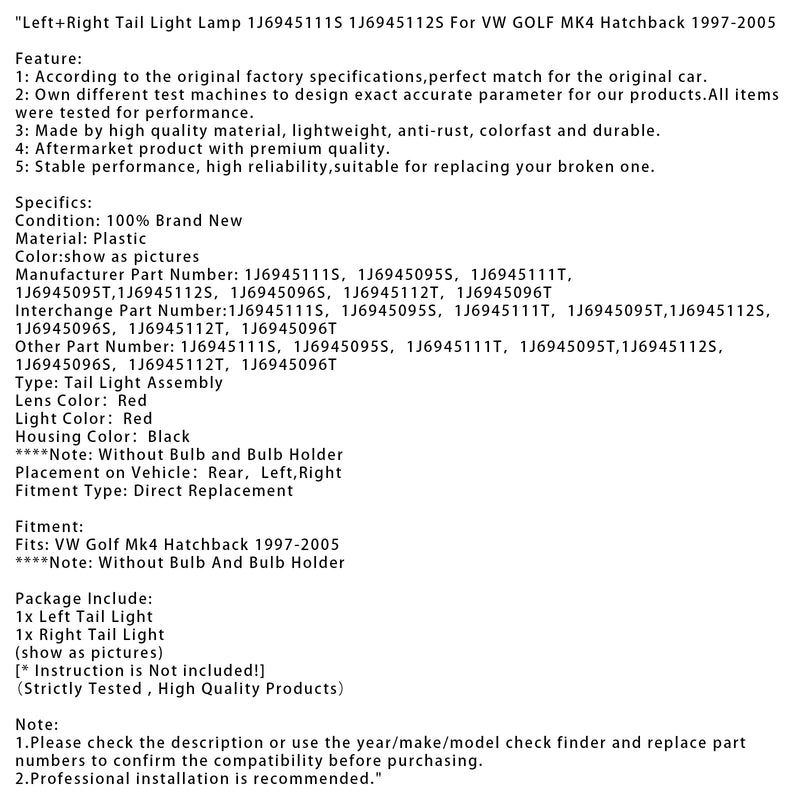Rücklicht links + rechts für VW Golf Mk4 Schrägheck (1997–2005), Teilenummern: 1J6945111S 12S 1J6945111T