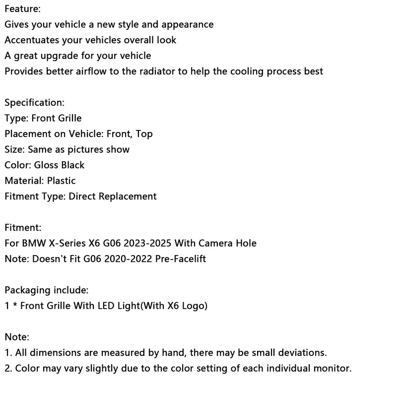 2023–2025 BMW X6 G06 M60I kameran reikällä, kaksoiskamelli etukerroksen säleikkö