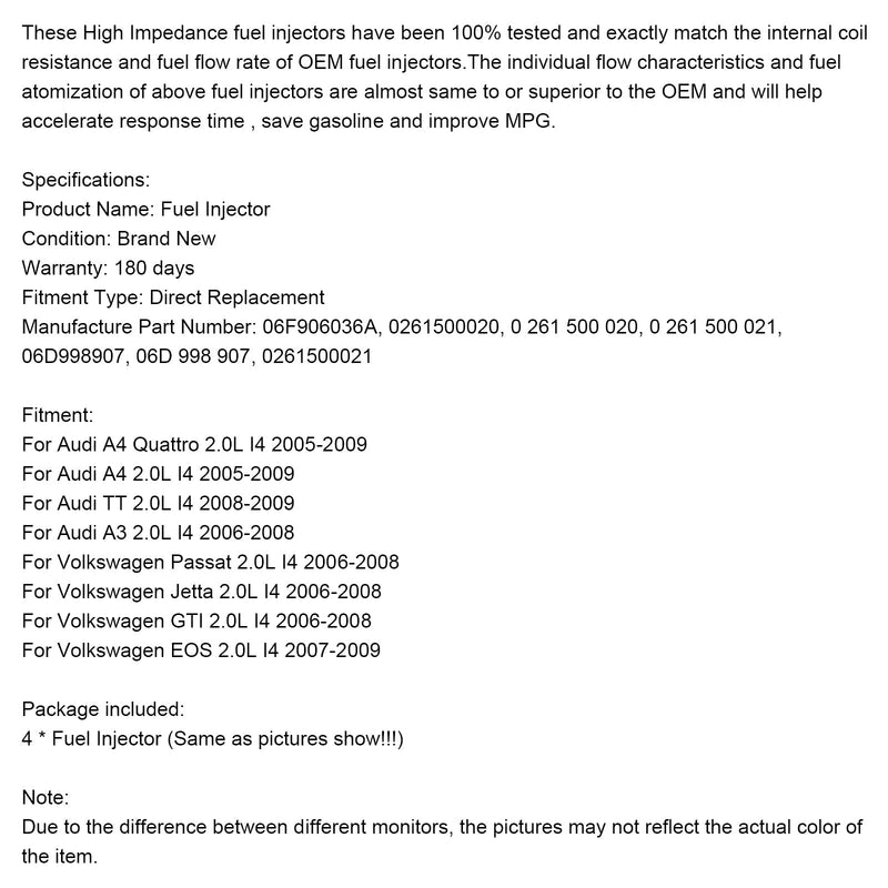 2005-2009 Audi A4 2.0L I4 4 piezas Inyector de combustible 06F906036A