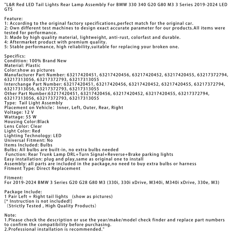 2019–2024 BMW 3 -serie G20 G80 M3 L&R Red LED baglygter.