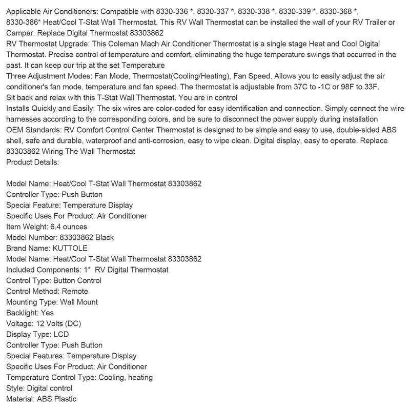 Ersättning Digital termostat för uppvärmning/kylning, kompatibel med Coleman 83303362, vit