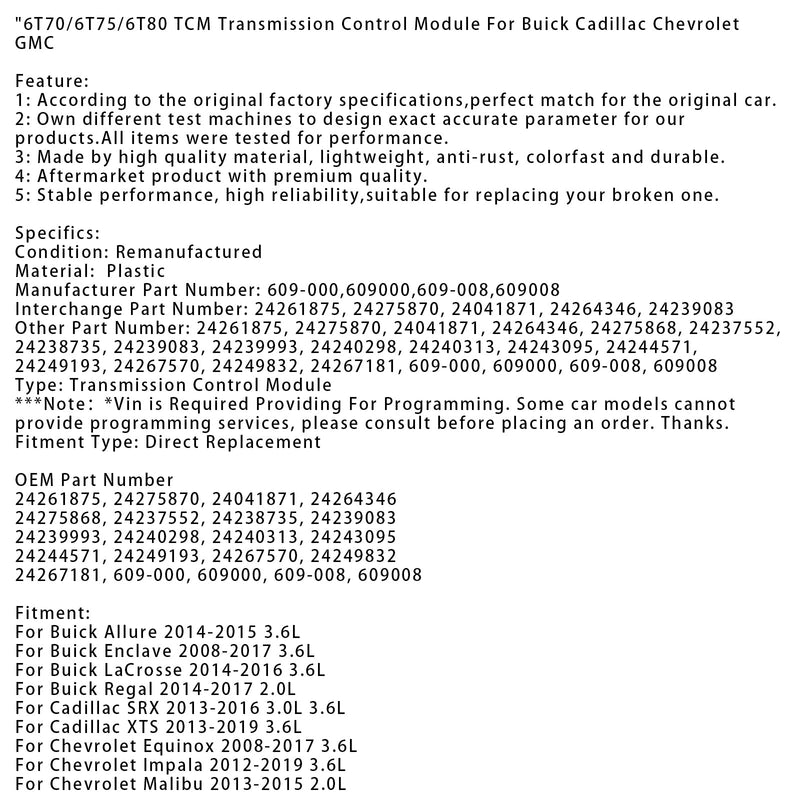 2013–2016 Cadillac SRX 3.0L 3.6L TCM-Getriebesteuermodul 6T70/6T75/6T80