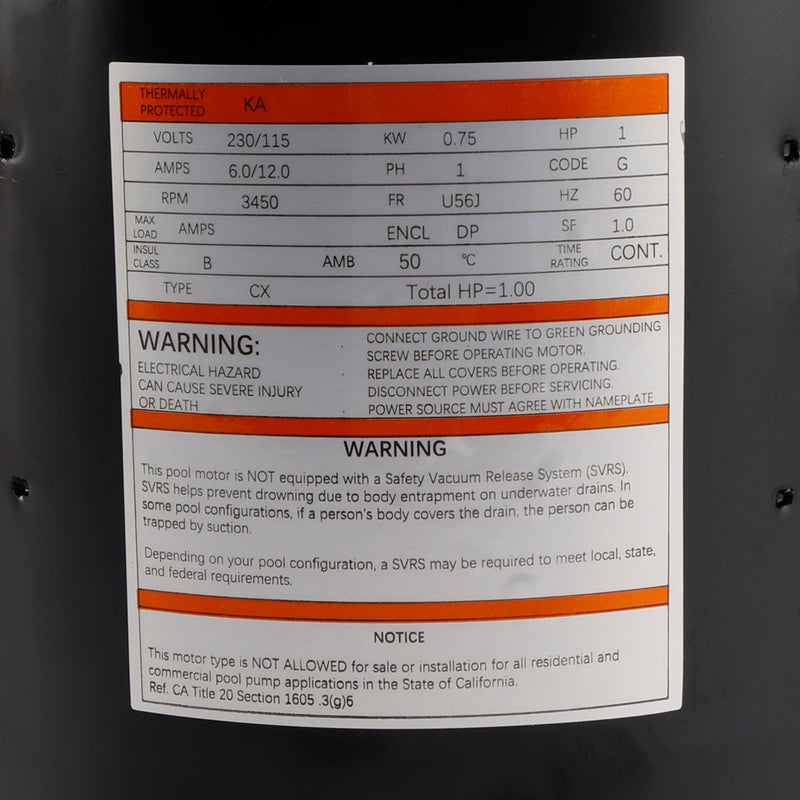 Swimming Pool Engine B228SE 1 HP, 3450 rpm, 1 hastighet, 230/115 volt, 6,0/12,0 ampere