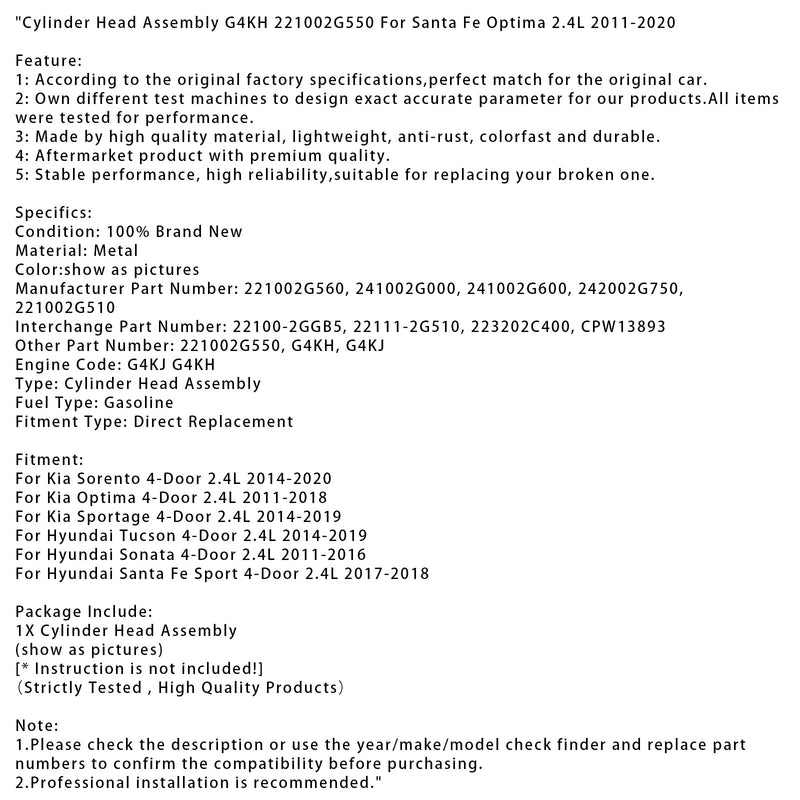 2017–2018 Hyundai Santa Fe Sport 4-Türer 2,4 l Zylinderkopfbaugruppe G4KH 221002G550 CPW13893