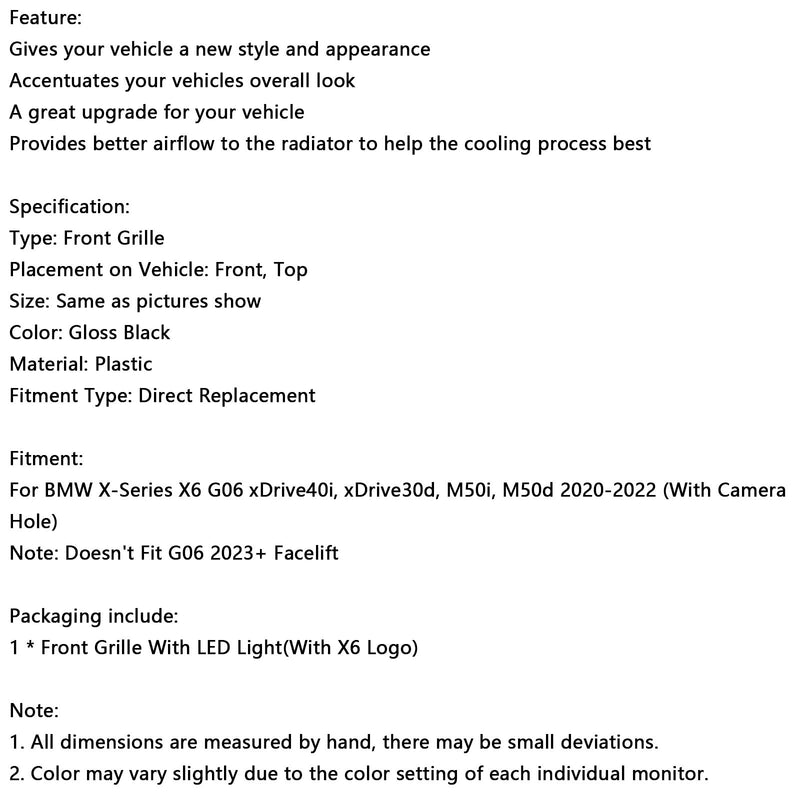 2020–2022 BMW X6 G06 M50i kameran reikällä, kiiltävä musta etulattiapalkin säleikkö