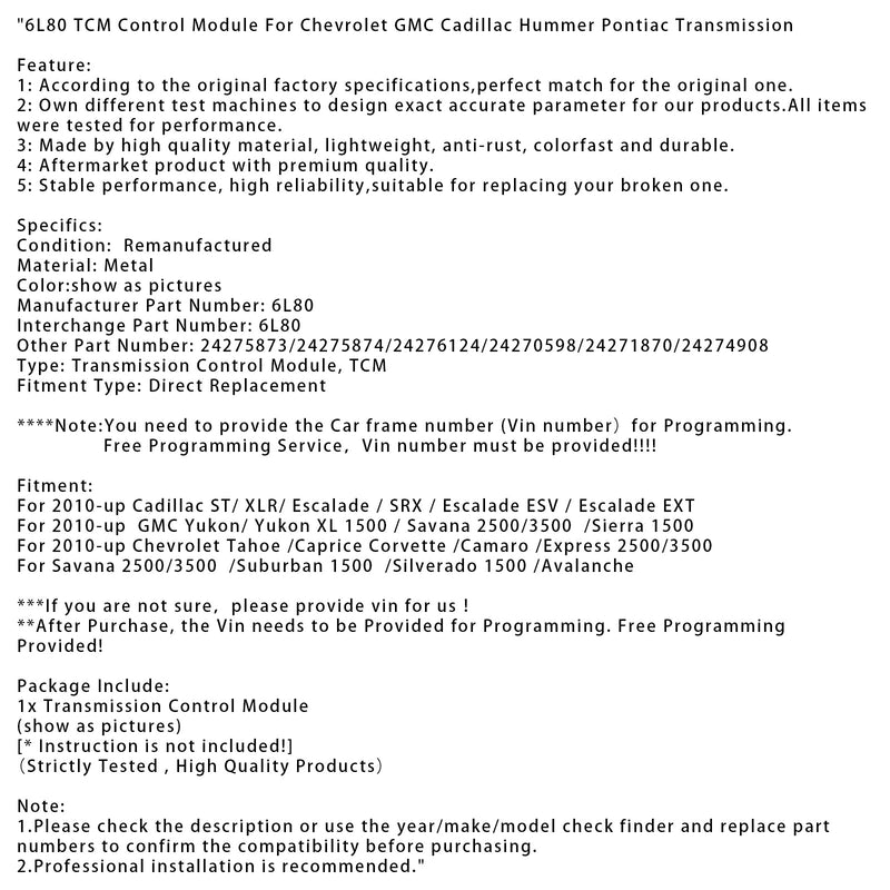 2010-up GMC Yukon/Yukon XL 1500 / Savana 2500/3500 /Sierra 1500 6L80 TCM-Steuermodul 24275873 24274908