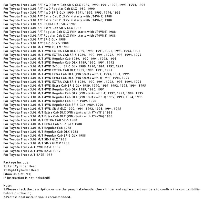 1989-1990 Toyota Truck 3.0LM/T 4WD Regular Cab SR-5 Zylinderkopf links+rechts 1110165011 1110165021
