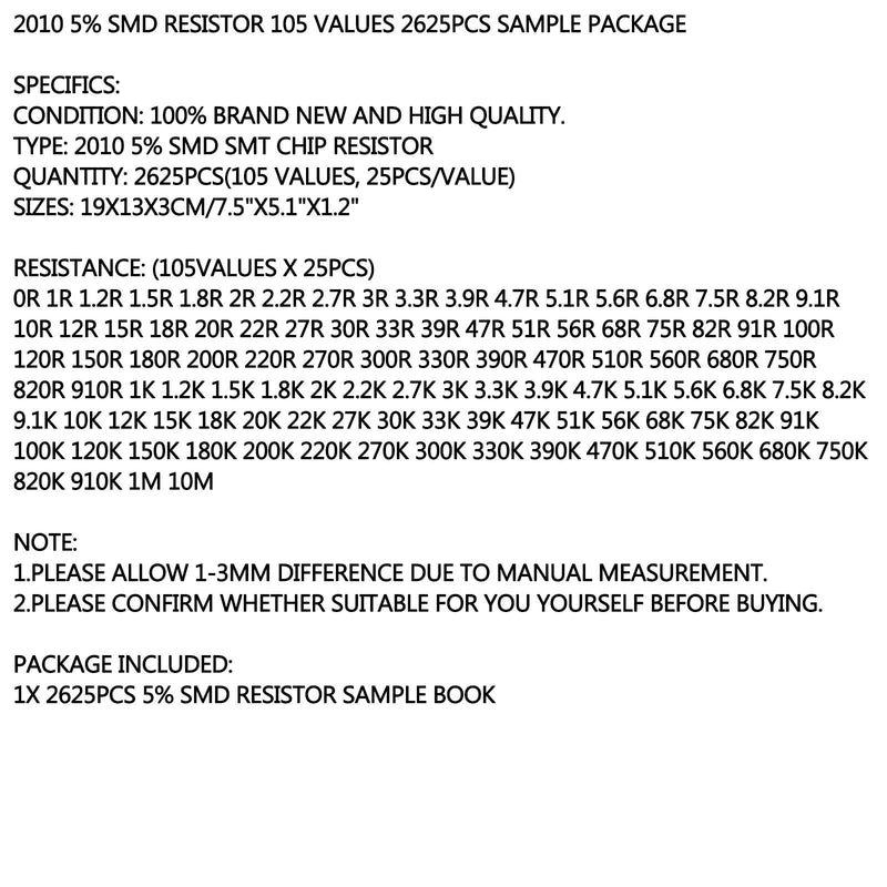 2625 Uds 2010 5% SMD Chip SMT resistencia 105 Valores libro de muestra YAGEO Kits de bricolaje