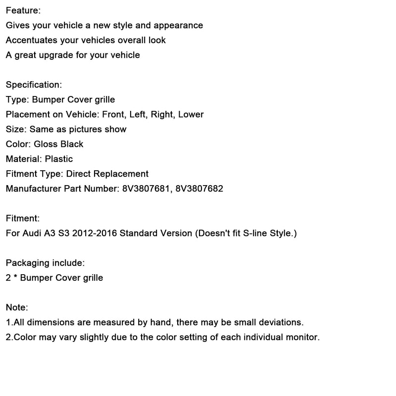 2012–2016 Audi A3 2 Stück Frontstoßstange Nebelscheinwerfer Abdeckung Kühlergrill