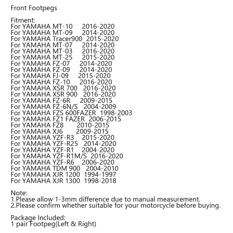 Vorne Fußraste Fussrasten für YAMAHA MT-10 MT-09 MT-07 MT-03 MT-25 XSR 700 900