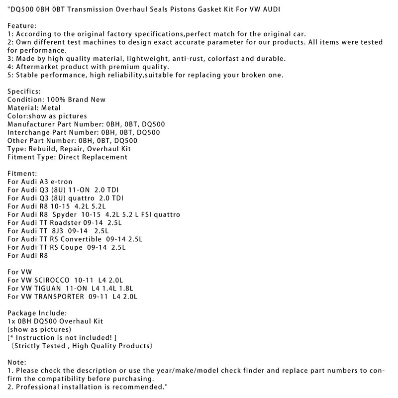 2011-on Audi Q3 (8U) 2.0 TDI-vaihde kunnostustiivisteet männän tiivistysjoukko DQ500 0BH 0BT