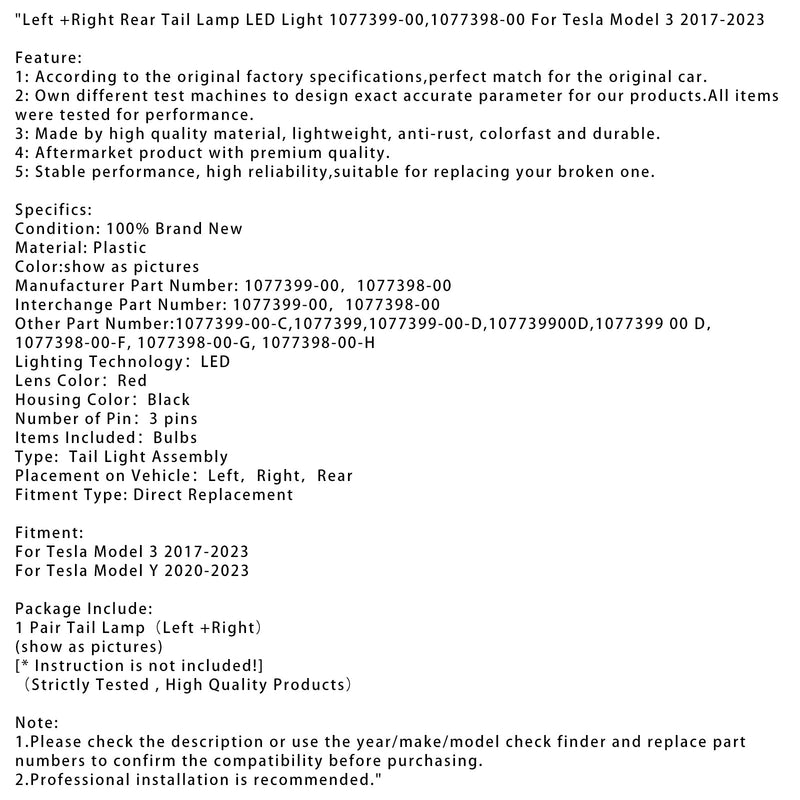 2017-2023 TESLA Model 3 L+R Zadní světlo LED světlo 1077399-00.1077398-00