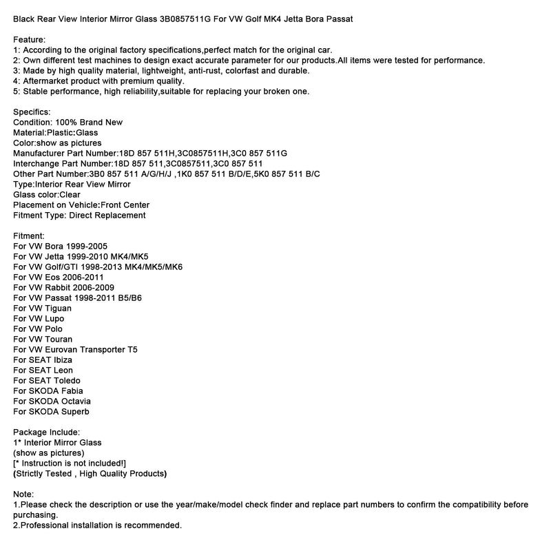 Schwarzes Innenspiegelglas 3B0857511G für VW Golf MK4 Jetta Passat