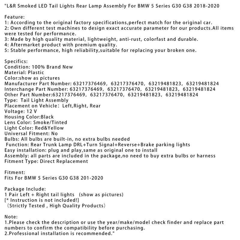2018–2020 BMW 5 G30 G38 L&R tonet LED baglygter, baglys modul 63217376469 63217376470