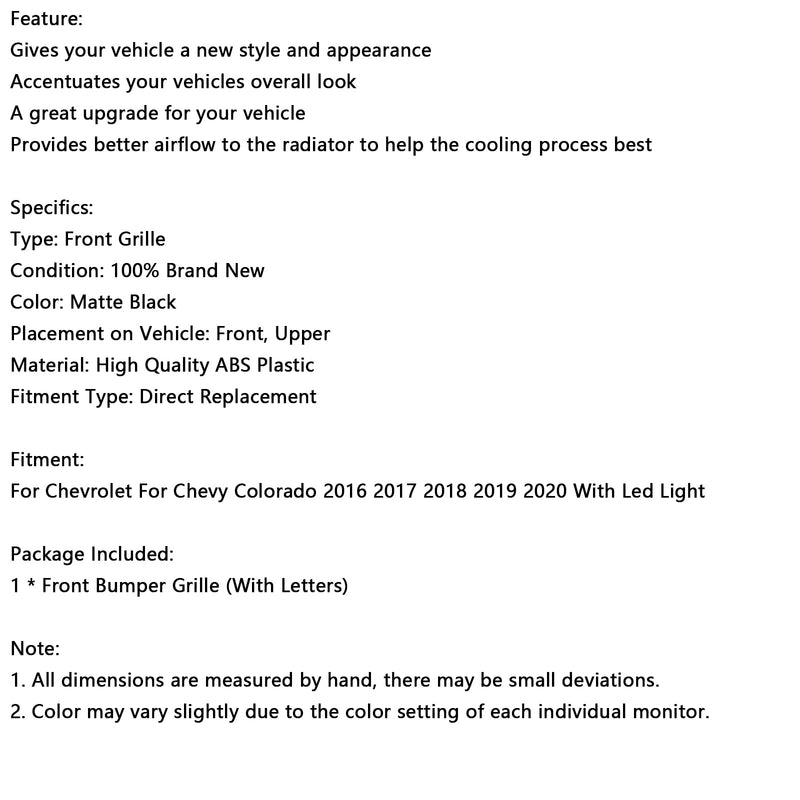 Matt Black Säähdyttimen säleikkö etukerroksen sauvalle, joka sopii Chevy Coloradolle 2016–2020, LEDillä