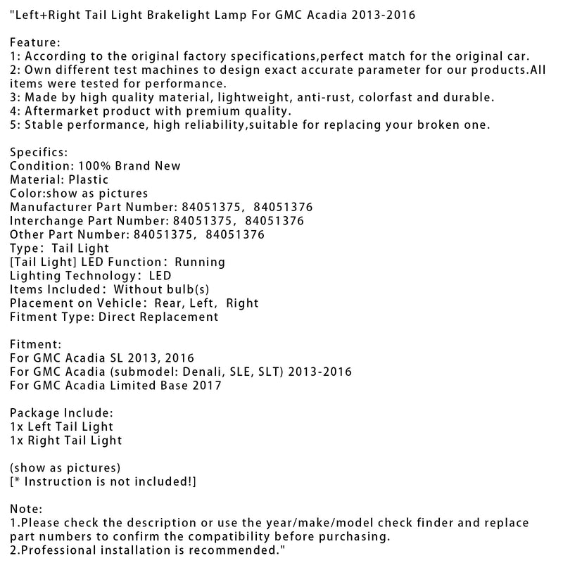 2013-2016 GMC Acadia lewa + prawa lampa tylna światła hamowania