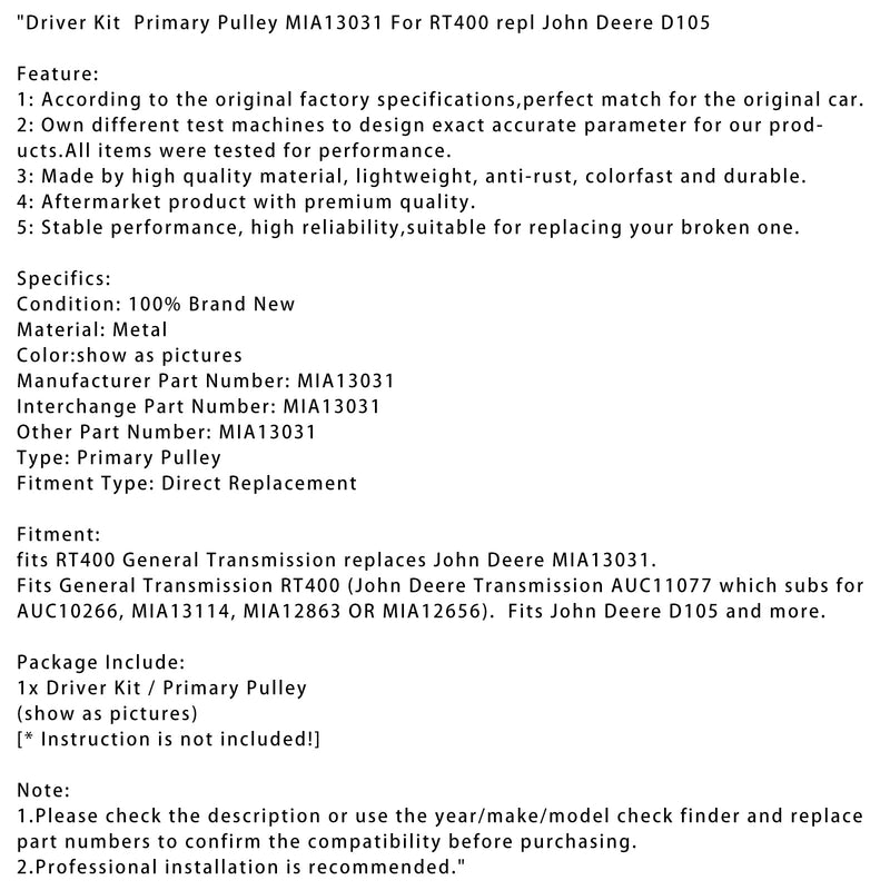 Drive Set Primær MIA13031 til RT 400, udskiftning til John Deere D105