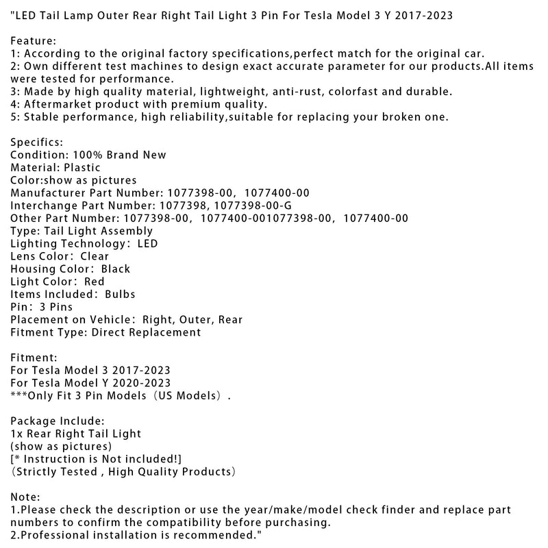 LED Rücklicht Außen Hinten Rechts Rücklicht 3 Pin Für Tesla Modell 3 Y 2017-2023
