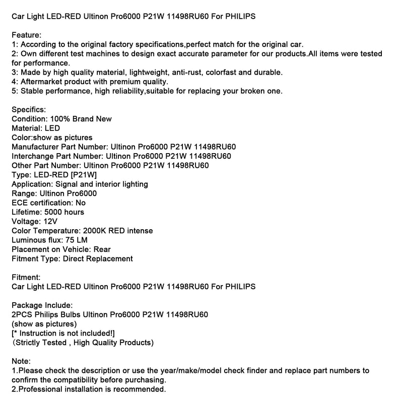 Auto Licht LED-ROT Ultinon Pro6000 P21W 11498RU60 Für PHILIPS