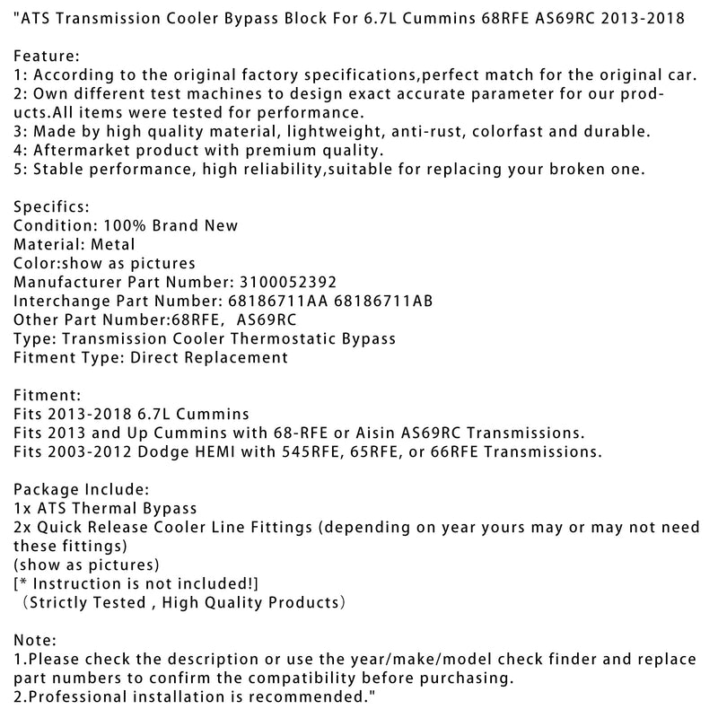 2003–2012 Dodge Hemi Aisin 545RFE 65RFE tai 66RFE GAMS -jäähdyttimen ohituslohko 3100052392 68186711AA