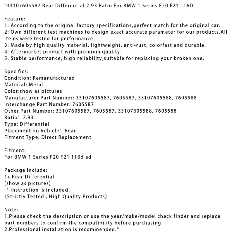 BMW 1 Series F20 F21 116D Rear Differential 2.93 Ratio 33107605587