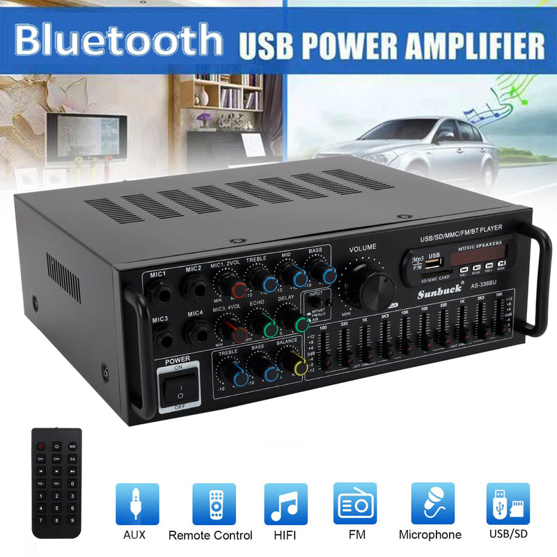 Bluetooth 5.0 HiFi Sunbuck 2000W Stereo Leistungsverstärker Karaoke FM USB SD AUX