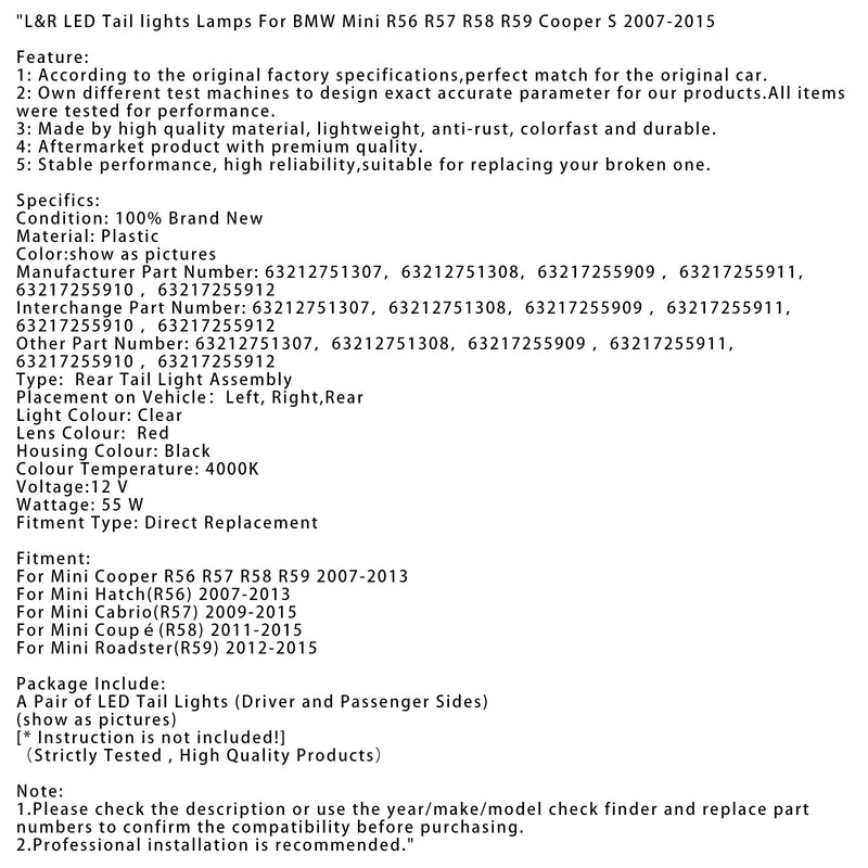 2007–2013 Mini Hatch (R56) L&R LED Taillight Lamps Grey 63212751307 63212751308