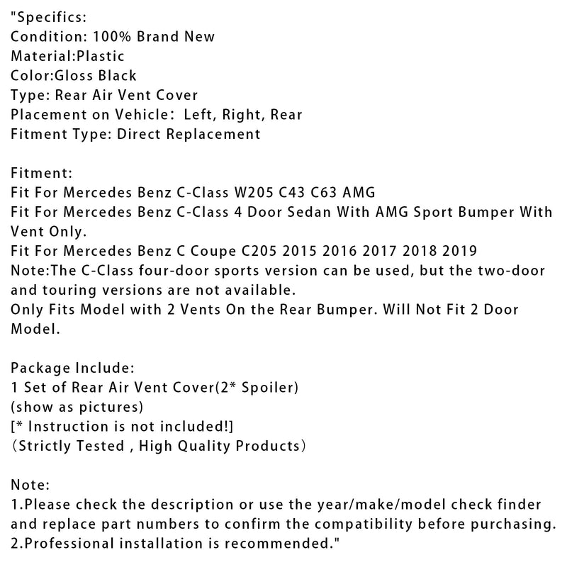 Glänzend schwarz hintere Lüftungsschlitzabdeckung für Benz C-Klasse W205 C43 C63 2014–2019