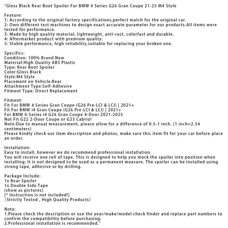 2021–2025 BMW 4er i4 G26 Gran Coupé 4-Türer Heckspoiler in Schwarz glänzend