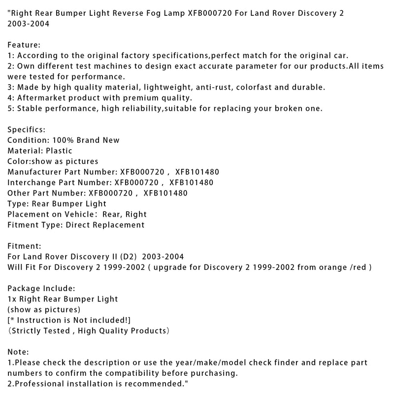 2003-2004 Land Rover Discovery 2 Rechte hintere Stoßstangenleuchte Rückfahrscheinwerfer