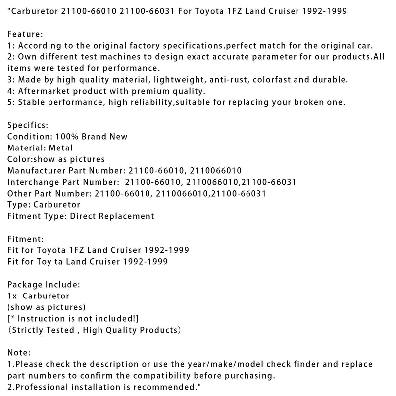 1992-1999 Toyota 1FZ Land Cruiser Vergaser 21100-66010 21100-66031