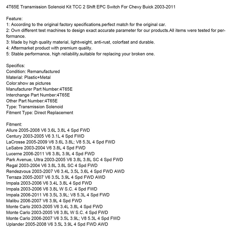 2006-2011 Lucerne V6 3,8L 3,9L 4-nopeuksinen etuveto 4T65E vaihteiston solenoidisarja TCC 2-nopeuksinen EPC-kytkin