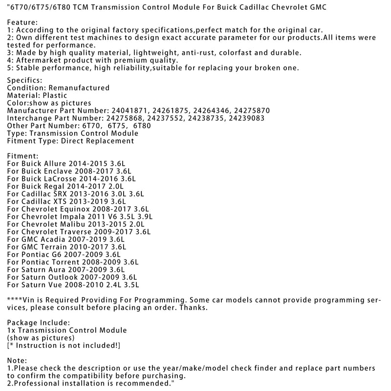 2008-2010 Saturn Vue 2.4L 3.5L 6T70/6T75/6T80 Modul řízení převodovky TCM 24041871 24275868 24261875