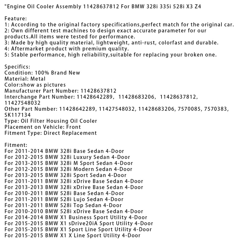 2011–2014 BMW 328i Basislimousine 4-Türer Motorölkühler Ölfilterbaugruppe 11428637812