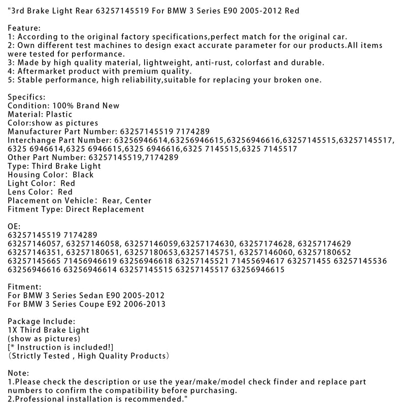 3rd Brake Light Rear 63257145519 For BMW 3 Series E90 2005-2012 Red