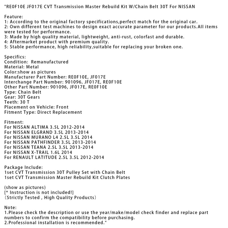 2014 Nissan X-TRAIL 1.6L RE0F10E JF017E CVT-Getriebe-Master-Umbausatz mit Kettenriemen 30T