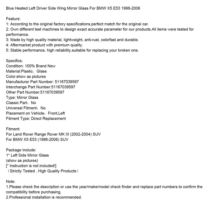 Blau Beheizte Links Fahrer Seite Flügel Spiegel Glas Für BMW X5 E53 1998-2006