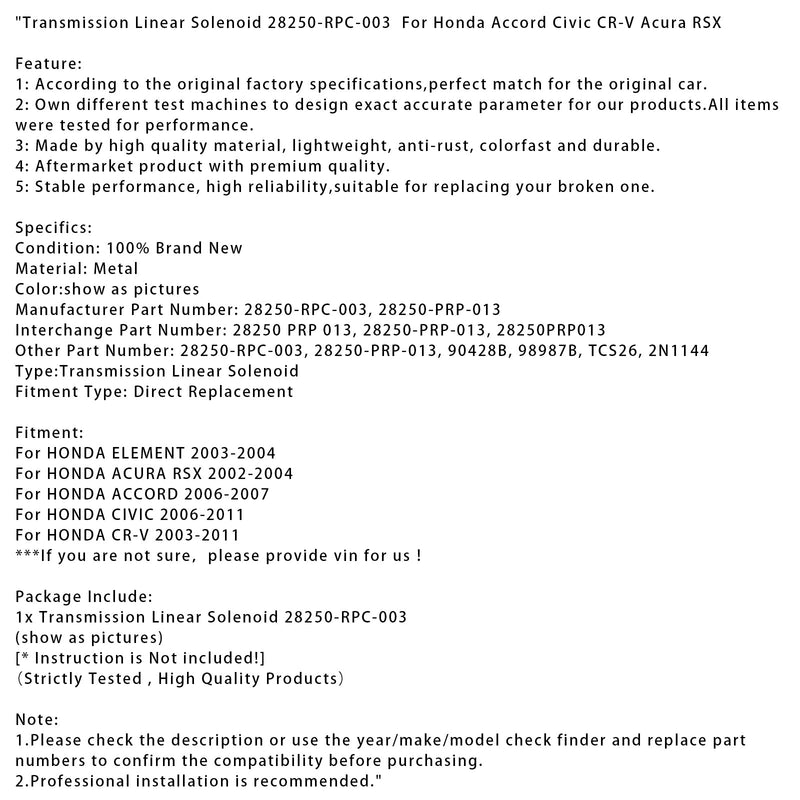 Lineares Magnetventil für das Getriebe 28250-RPC-003 für Honda Accord, Civic, CR-V und Acura