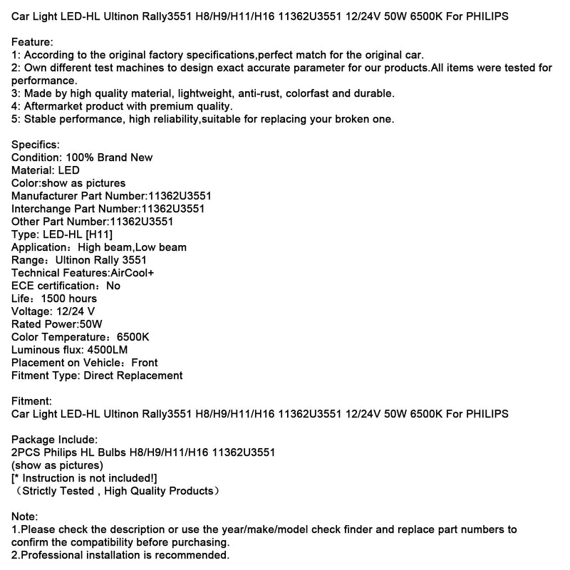 Auto Licht LED-HL Ultinon Rally3551 H8/H9/H11/H16 12/24V 50W 6500K Für PHILIPS